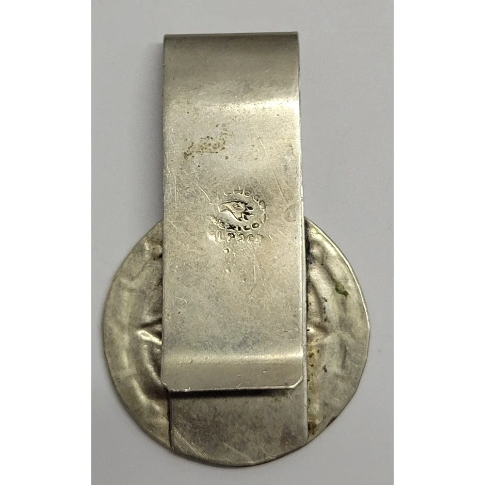 Vintage Mexico Alpaca Silver Money Clip Aztec Mayan Sun Stone Deity Warrior 18g